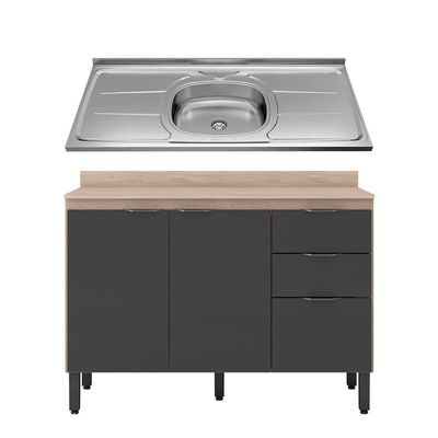 Balcão Demóbile Firenze com 3 Portas, 2 Gavetas e 1 Prateleira + Pia para Cozinha Ghelplus King com Válvula - 120x53cm Avena com Grafito