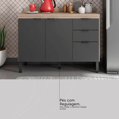 Balcão Demóbile Firenze com 3 Portas, 2 Gavetas e 1 Prateleira + Pia para Cozinha Ghelplus King com Válvula - 120x53cm Avena com Grafito