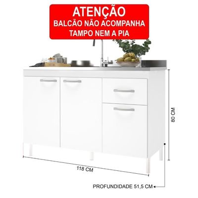 Balcão De Cozinha Para Pia De 120cm Sem Tampo Suiça Fidelitá 3 Portas 1 Gaveta Branco