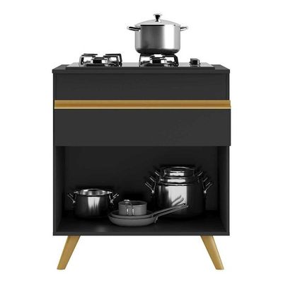 Balcão Cozinha Para Cooktop 70cm 1 Porta 1 Gaveta Veneza Multimóveis V3706 Preto/dourado