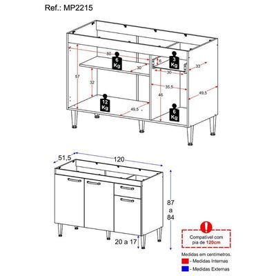 Balcão Cozinha Gabinete Pia 120cm Paris Multimóveis