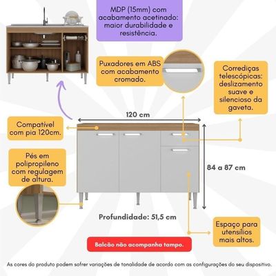 Balcão Cozinha Gabinete Pia 120cm Paris Multimóveis