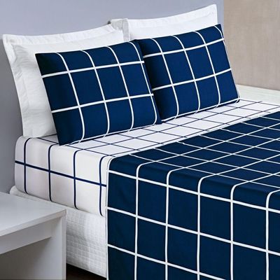 Jogo Cama Lençol Casal 200 Fios 4 Peças Azul Marinho