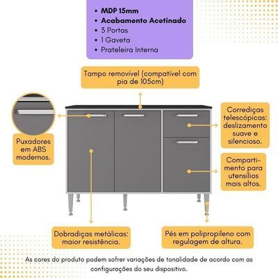 Balcão De Cozinha Gabinete Pia 105cm 3 Portas 1 Gaveta Branco-lacca Fumê Branco-lacca Fumê