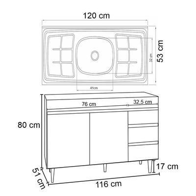 Balcão Com Pia Inox 120Cm 2 Portas 3 Gavetas Andréia Branco