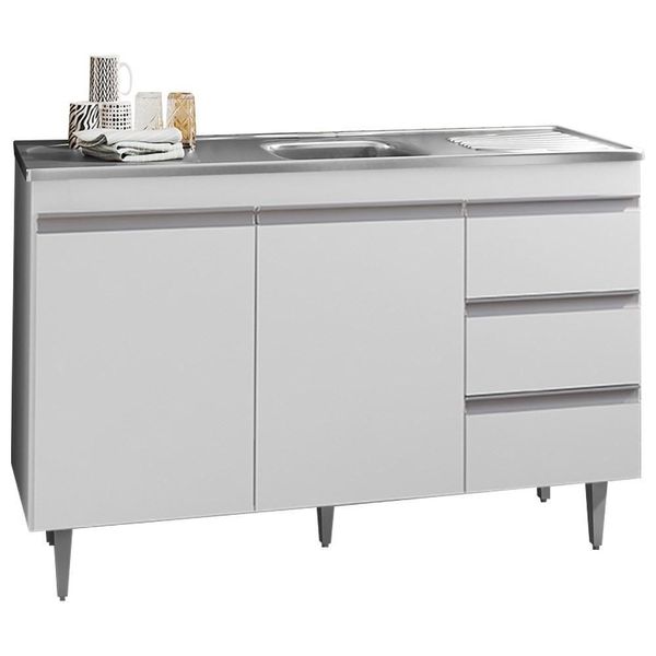 Balcão Com Pia Inox 120Cm 2 Portas 3 Gavetas Andréia Branco