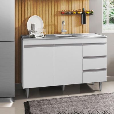 Balcão Com Pia Inox 120Cm 2 Portas 3 Gavetas Andréia Branco