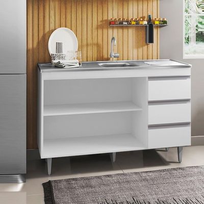Balcão Com Pia Inox 120Cm 2 Portas 3 Gavetas Andréia Branco