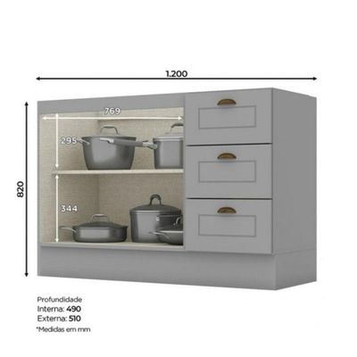Balcão 2 Portas Clássico 120 Cm Sem Tampo Henn C353-05 Cinza