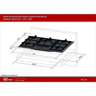 Fogão Cooktop Fischer 5 Bocas Tripla Chama - Mesa Inox 23678-54121 Bivolt Bivolt