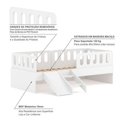 Cama Solteiro Mdf Branco Com Escadinha/escorrega 03 Grades E Cabeceira Anatômica Mobilistore