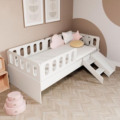 Cama Solteiro Mdf Branco Com Escadinha/escorrega 03 Grades E Cabeceira Anatômica Mobilistore