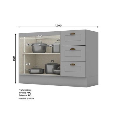 Balcão De Cozinha 120 Cm 2 Portas 3 Gavetas Amy Casa 812 Cinza