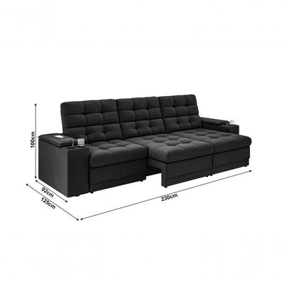 Sofá Confort Premium 2,30m Assento Retrátil/reclinável Porta Copos E Usb Suede Preto - Xflex Sofas