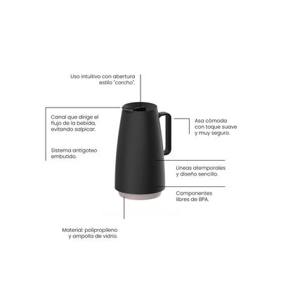 Bule Térmico Tramontina Exata em Plástico Preto com Ampola de Vidro 500 ml