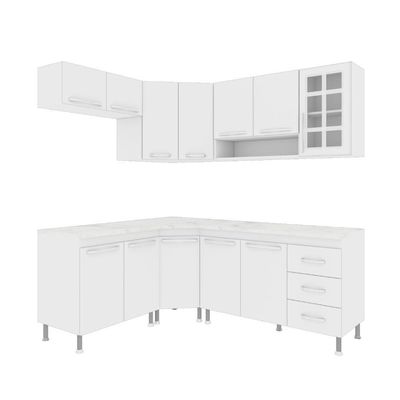 Cozinha Modulada Completa Fidelitá Viena 6 Peças 340cm 12 Portas 3 Gavetas Com Tampo Branco