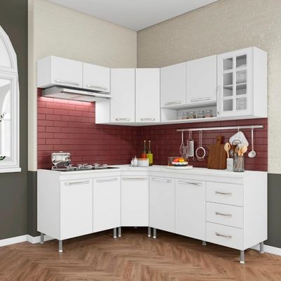 Cozinha Modulada Completa Fidelitá Viena 6 Peças 340cm 12 Portas 3 Gavetas Com Tampo Branco