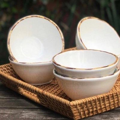Jogo 6 Pratos Raso 6 Sobremesa 6 Bowls Borda Bambu Cerâmica 1ª Linha Scalla