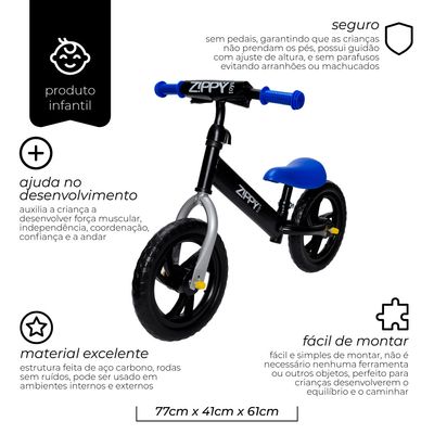 Bicicleta Sem Pedal De Equilibrio Infantil 2 Rodas Zippy Toys Bike De Passeio Para Criança Aro 12 Capacidade 25kg Azul