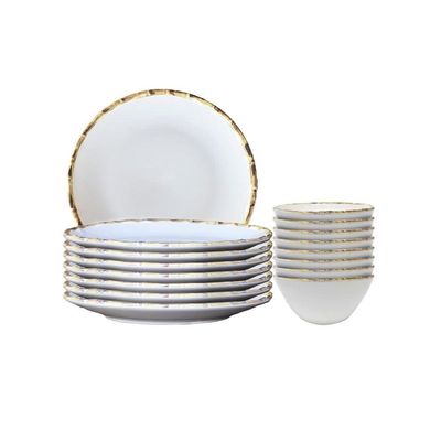 Jogo 14 Pratos Rasos E 14 Bowls 500ml Borda Bambu Cerâmica 1ª Linha Scalla