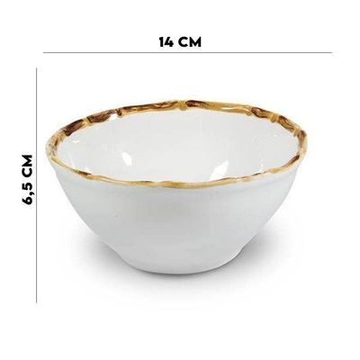 Jogo 14 Pratos Rasos E 14 Bowls 500ml Borda Bambu Cerâmica 1ª Linha Scalla