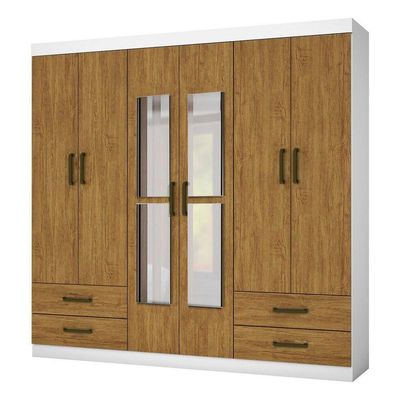 Guarda Roupa Casal 6 Portas 4Gavetas e Espelho Freijó/Branco