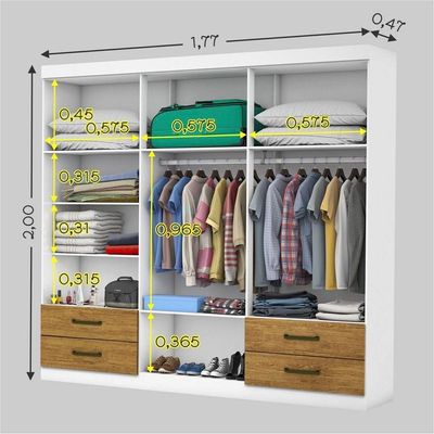 Guarda Roupa Casal 6 Portas 4Gavetas e Espelho Freijó/Branco