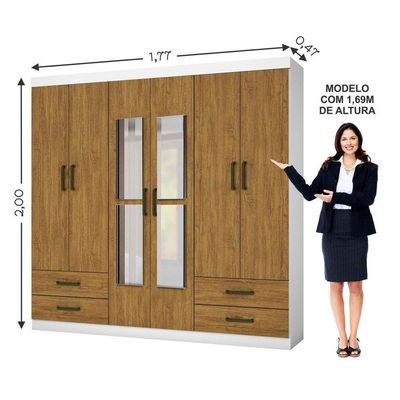 Guarda Roupa Casal 6 Portas 4Gavetas e Espelho Freijó/Branco