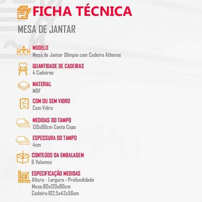 Sala De Jantar Mesa 120cm Mdf Vidro Canto Copo 4 Cadeiras