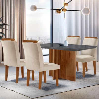 Sala De Jantar Mesa 120cm Mdf Vidro Canto Reto 4 Cadeiras
