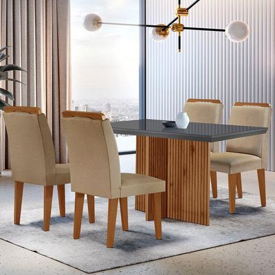 Mesa Olímpia 120cm Mdf Vidro Canto Reto Com 4 Cadeiras