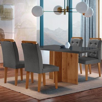 Mesa Olímpia 120cm Mdf Vidro Canto Reto Com 4 Cadeiras Carol
