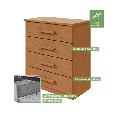 Cômoda Baião Com 4 Gavetas Corrediças Telescópicas Lopas Amendoa Clean