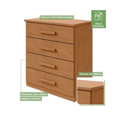 Cômoda Baião Com 4 Gavetas Corrediças Telescópicas Lopas Amendoa Clean