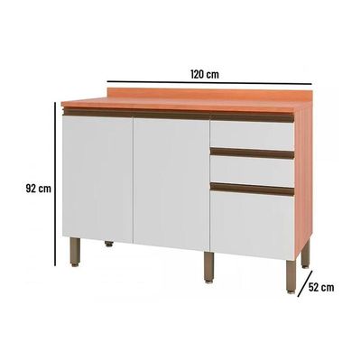 Balcão Macadâmia 120cm Com Tampo 2 Portas 3 Gavetas 914103 Telasul Freijo E Branco