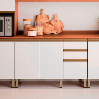 Balcão Macadâmia 120cm Com Tampo 2 Portas 3 Gavetas 914103 Telasul Freijo E Branco