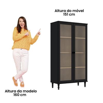 Cristaleira Estante Para Livros Ditália 2 Portas Vidro Preto
