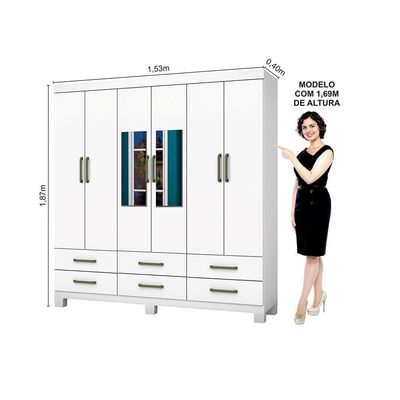 Guarda-roupa D22 6 Portas 6 Gavetas Com Espelho e Pés Branco
