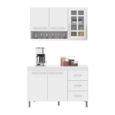 Cozinha Modulada Compacta Fidelitá Viena 2 Peças 120cm 5 Portas 3 Gavetas Com Tampo Branco