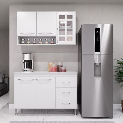 Cozinha Modulada Compacta Fidelitá Viena 2 Peças 120cm 5 Portas 3 Gavetas Com Tampo Branco