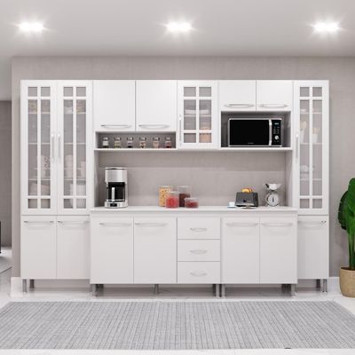 Cozinha Modulada Completa Fidelitá Viena 6 Peças 295cm 15 Portas 3 Gavetas Com Tampo Branco