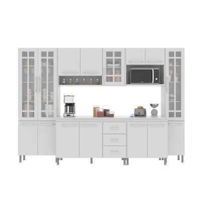 Cozinha Modulada Completa Fidelitá Viena 6 Peças 295cm 15 Portas 3 Gavetas Com Tampo Branco