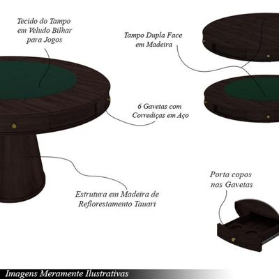 Conjunto Mesa de Jogos Carteado Bellagio Tampo Reversível Verde e 6 Cadeiras Madeira Poker Base Cone Linho Cinza/Tabaco G42 - Gran Belo