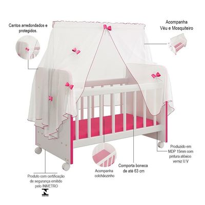 Berço Para Boneca Magia C02 Brinquedo Infantil Branco Rosa