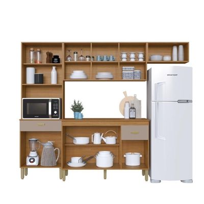 Cozinha Modulada Compacta Fidelitá Mariana 4 Peças 240cm 12 Portas 2 Gavetas Com Tampo Freijó/camurça