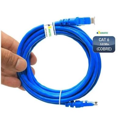 Cabo de Rede 3 Mts Ethernet Lan Rj45 Cat 6 Azul 3 Metros