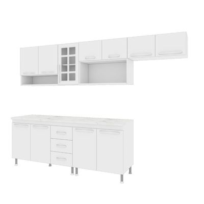 Cozinha Modulada Completa Fidelitá Viena 5 Peças 260cm 11 Portas 3 Gavetas Com Tampo Branco