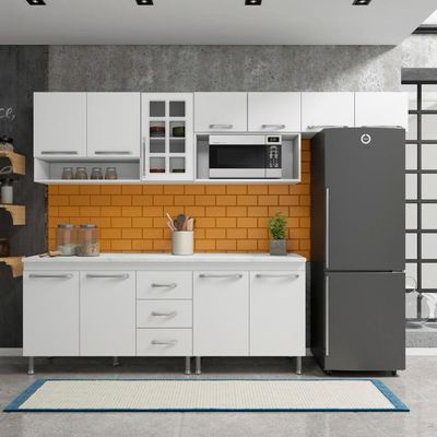 Cozinha Modulada Completa Fidelitá Viena 5 Peças 260cm 11 Portas 3 Gavetas Com Tampo Branco