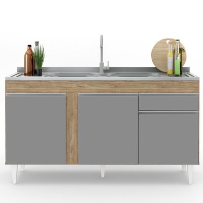 Balcão Para Pia 150cm 3 Portas 1 Gaveta Castanho/Cinza