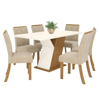 Conjunto Sala De Jantar Tampo Mdf Com Vidro Canto Arredondado 160 Cm 06 Cadeiras Lupita Casa 812 Nature Com Off White E Linho